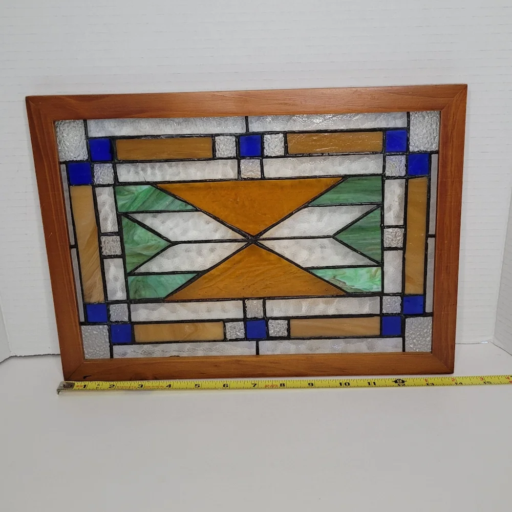 Geometric Stained Glass Panel In Wood Frame Vintage Window or Wall Decor RARE